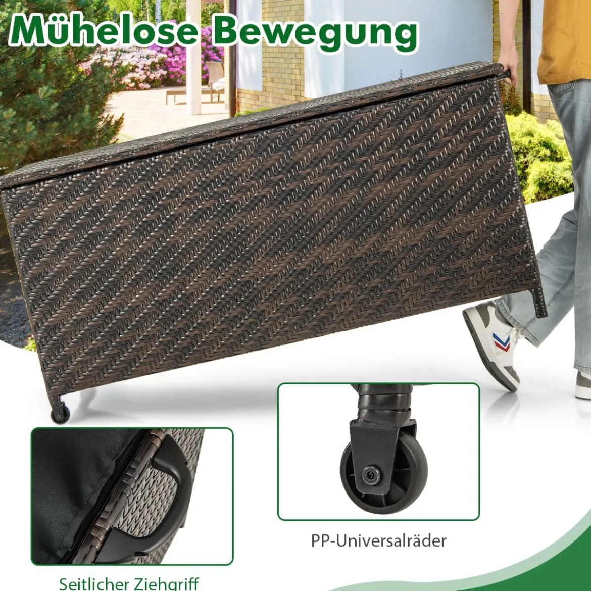 Auflagenbox mit Rollen & 320 L Kapazität Wasserdichte Kissenbox Polyrattan Aufbewahrungsbox
