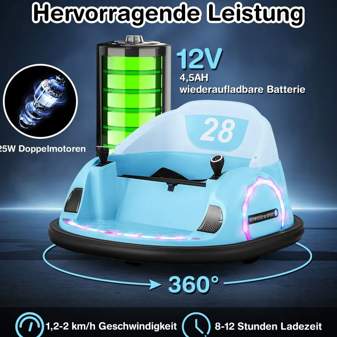 Aufsitz-Bumper-Car für Kleinkinder 12V elektrisches 360°-Spin-Auto-Spielzeug mit Fernbedienung Blau