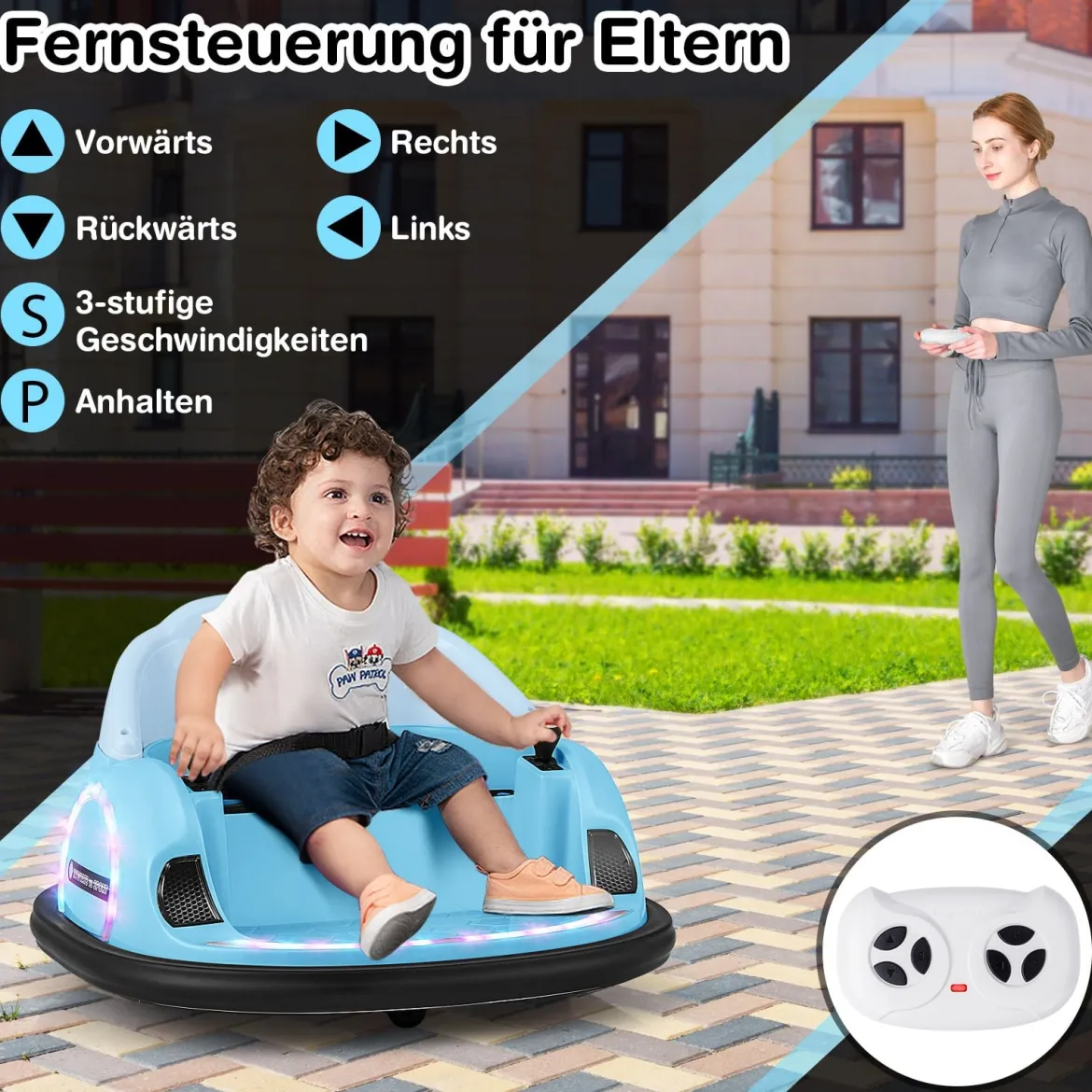 Aufsitz-Bumper-Car für Kleinkinder 12V elektrisches 360°-Spin-Auto-Spielzeug mit Fernbedienung Blau