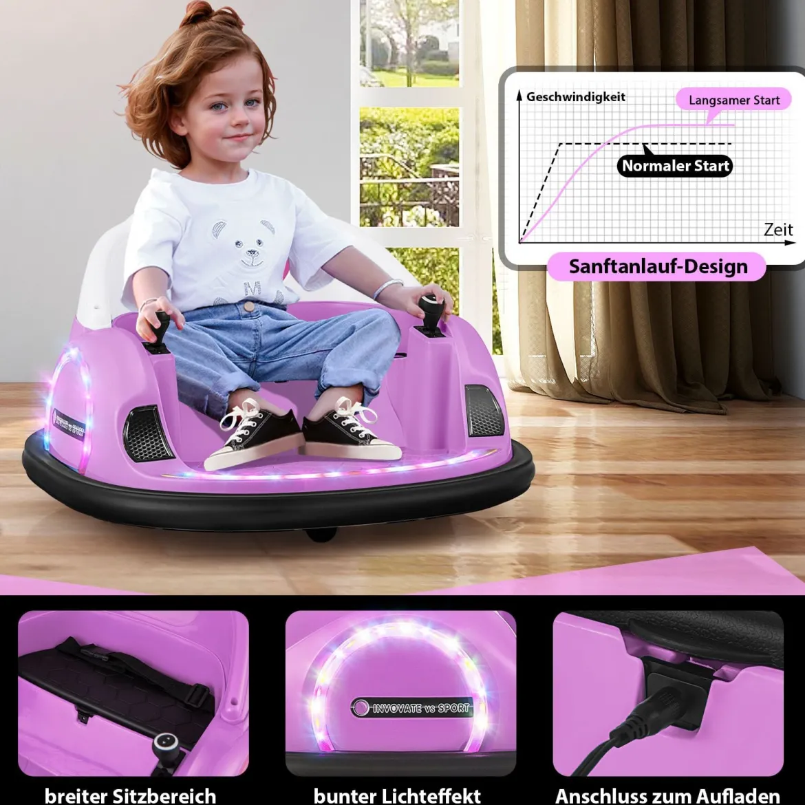 Aufsitz-Bumper-Car für Kleinkinder 12V elektrisches 360°-Spin-Auto-Spielzeug mit Fernbedienung Rosa