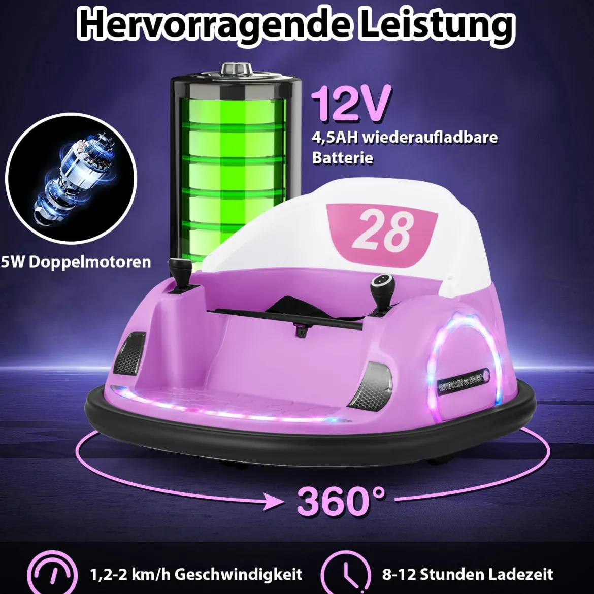Aufsitz-Bumper-Car für Kleinkinder 12V elektrisches 360°-Spin-Auto-Spielzeug mit Fernbedienung Rosa