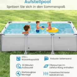 Aufstellpool Rechteckiger Großer Swimmingpool mit Filterpumpe Kartusche und Metallrahmen 300 cm x 207 cm x 66 cm Grau