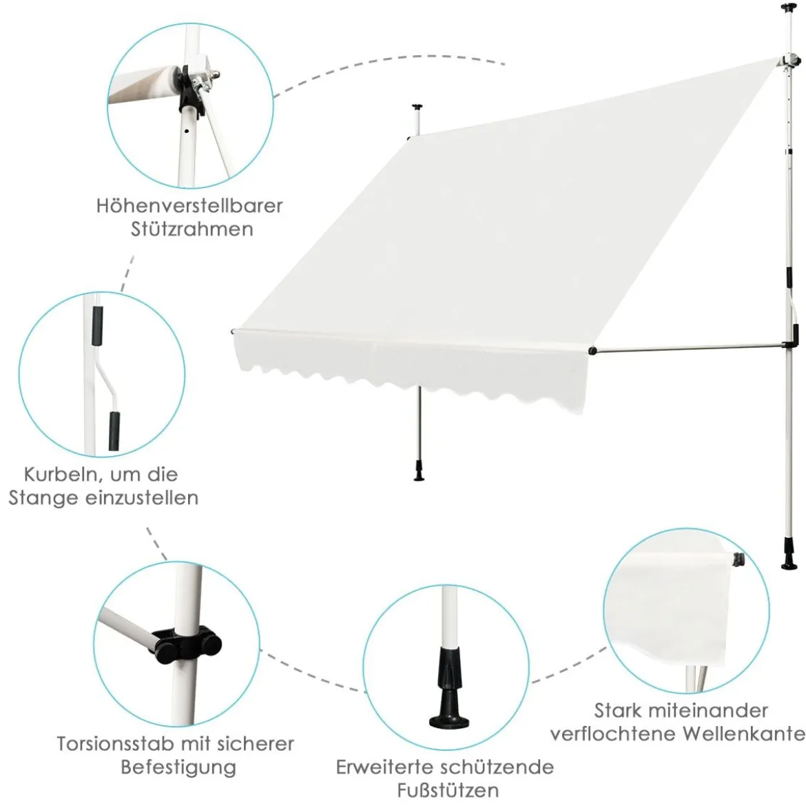 Ausfahrbarer Baldachin Sonnenschutz mit manueller Kurbel höhenverstellbar 250 x 120 cm Beige