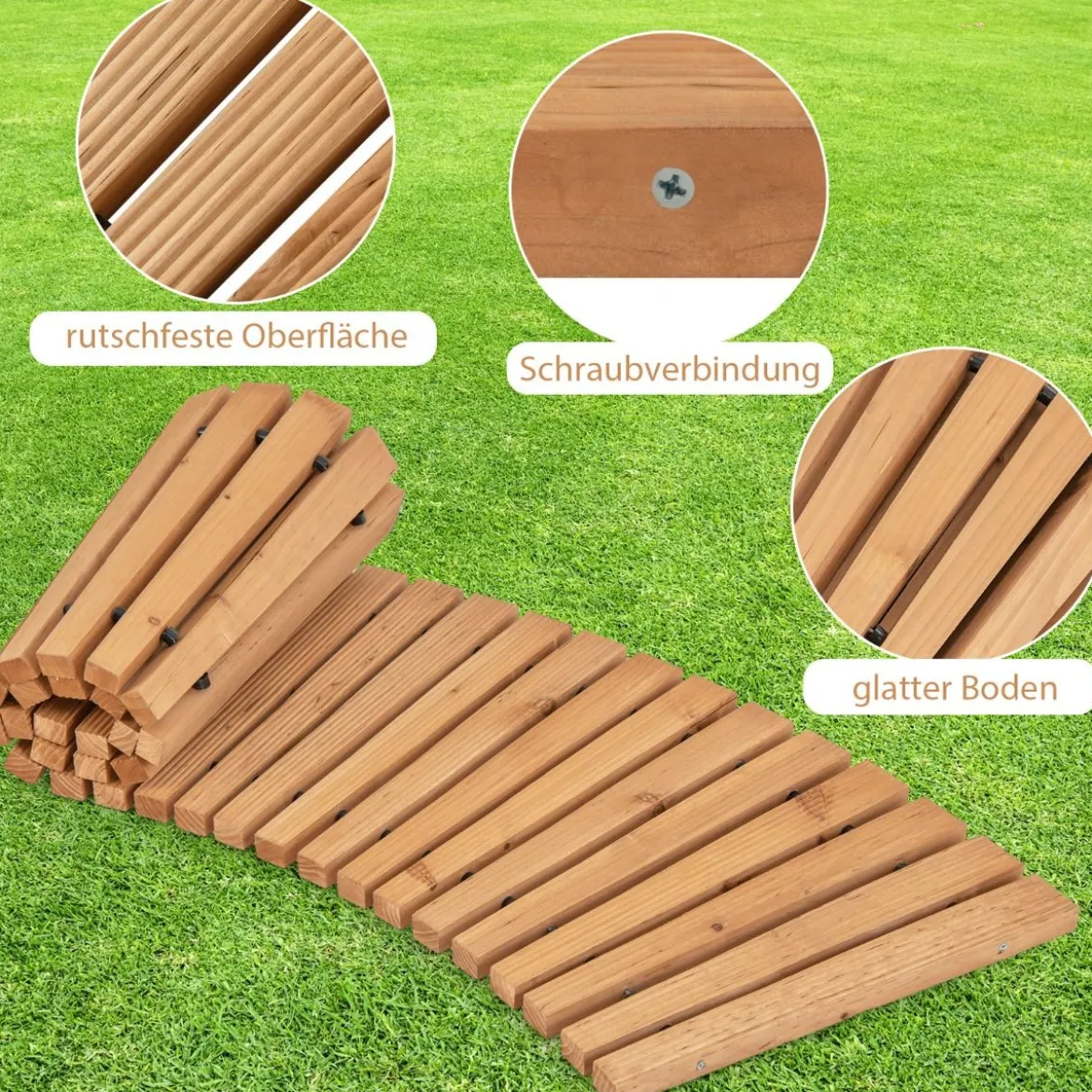 Ausrollbarer Gartenweg aus Holz mit Metalldraht & Rutschfester Oberfläche Rollweg Holzsteg 216 x 43 cm
