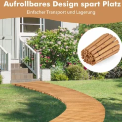 Ausrollbarer Gartenweg aus Holz mit Metalldraht & Rutschfester Oberfläche Rollweg Holzsteg 216 x 43 cm