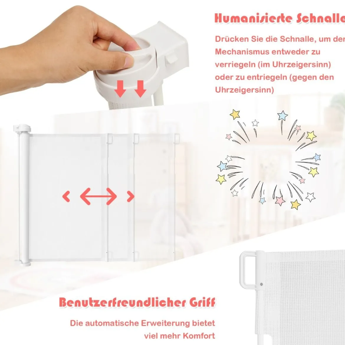 Ausziehbare Baby-Sicherheitstür Kinder-/Haustiergitter mit abschließbarer Griff 146 x 86 cm Weiß