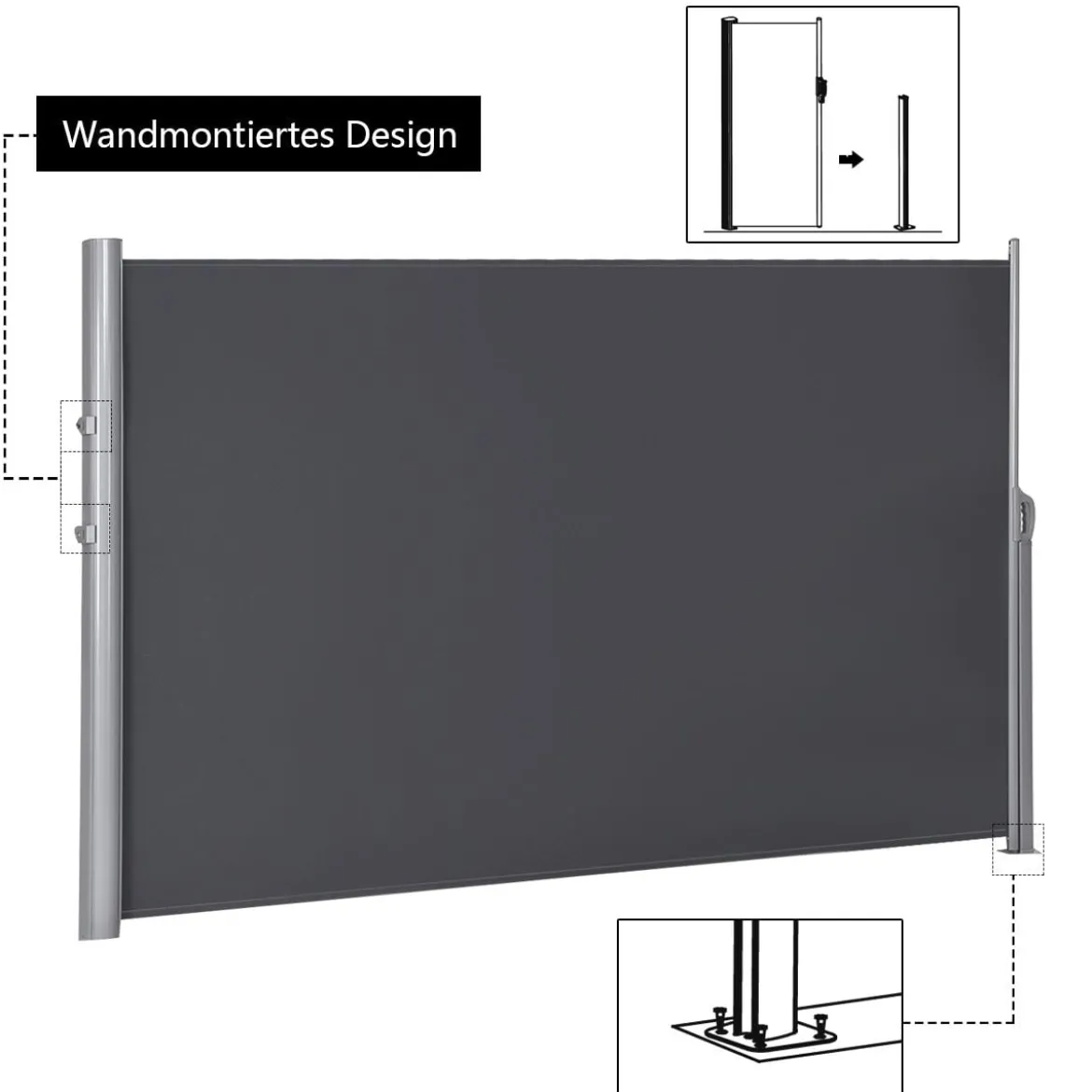 Ausziehbare Seitenmarkise Sonnen- und Windschutz faltbar Sichtschutz Seitenmarkise 300 x 160 cm Grau