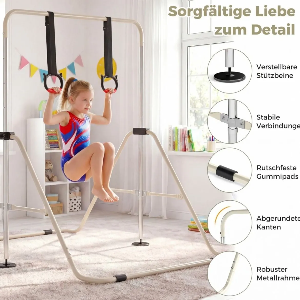 Ausziehbare Turnstange für Kinder 4-fach höhenverstellbare Reckstange mit stabilem Metallrahmen Beige