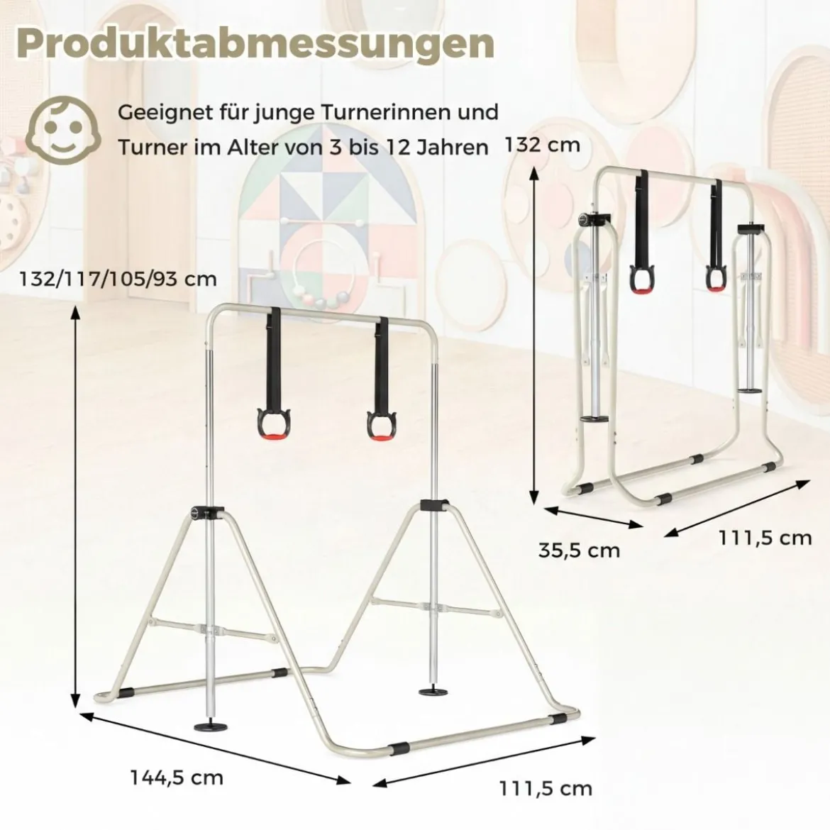 Ausziehbare Turnstange für Kinder 4-fach höhenverstellbare Reckstange mit stabilem Metallrahmen Beige