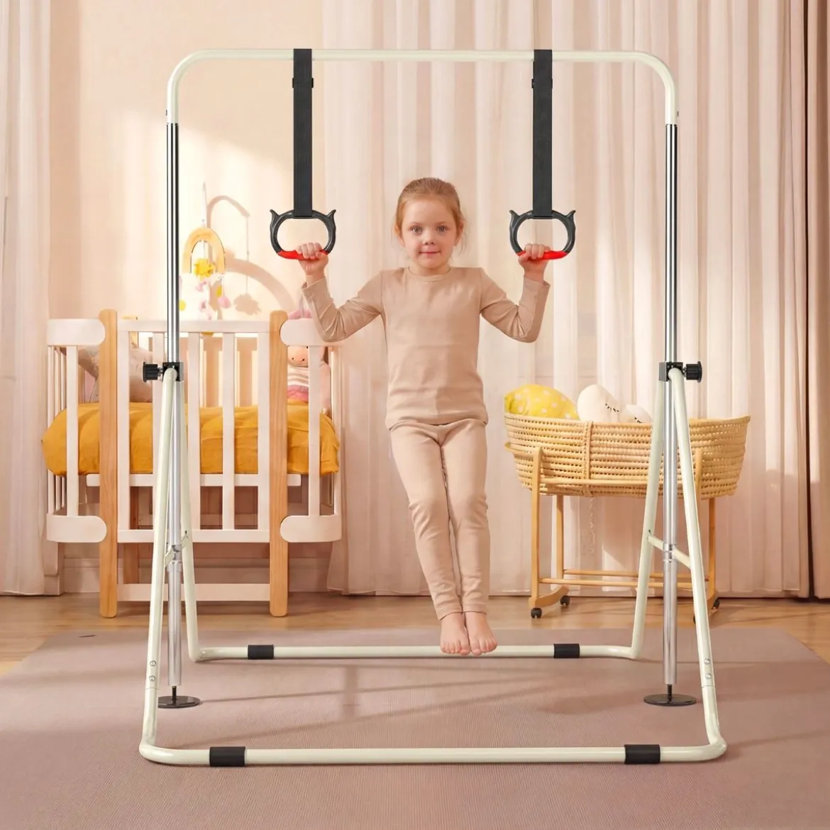 Ausziehbare Turnstange für Kinder 4-fach höhenverstellbare Reckstange mit stabilem Metallrahmen Beige