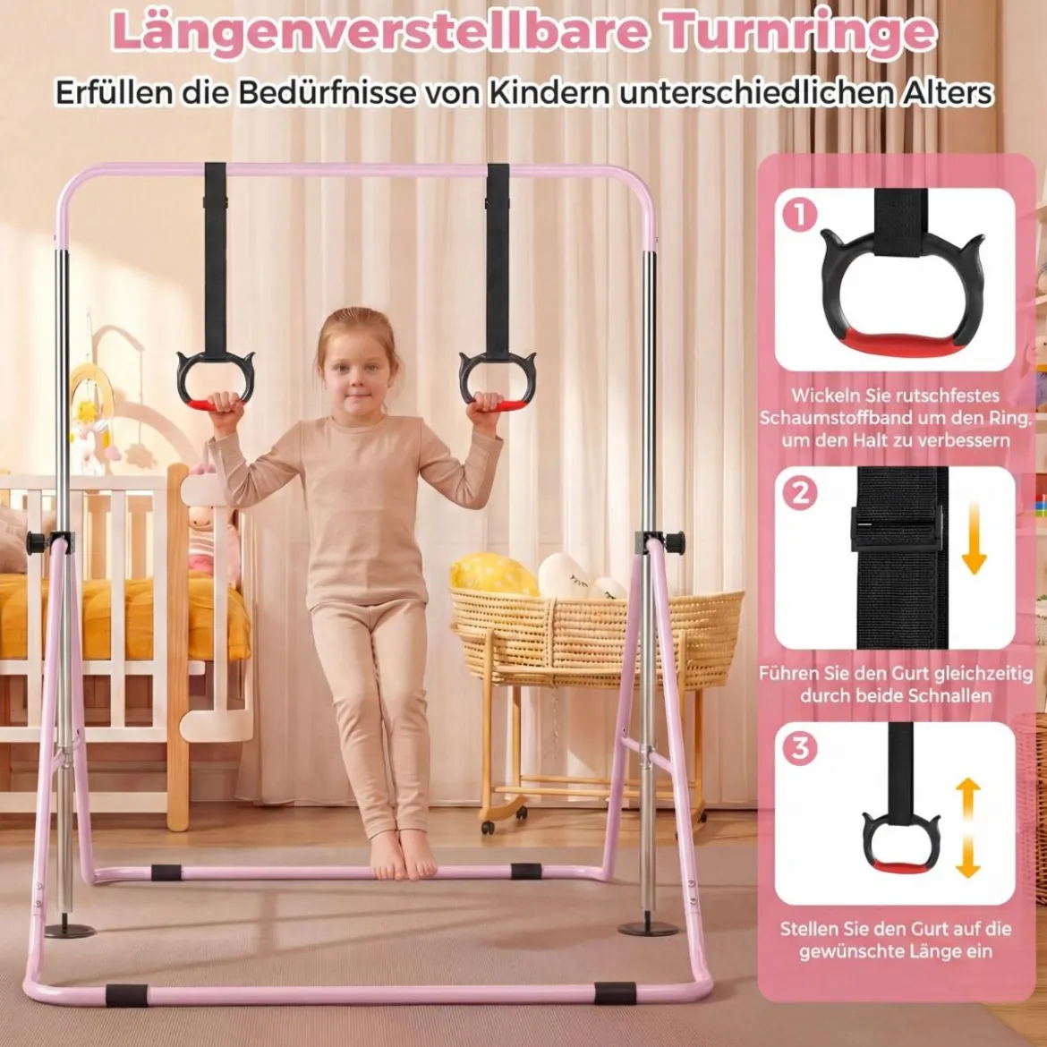 Ausziehbare Turnstange für Kinder 4-fach höhenverstellbare Reckstange mit stabilem Metallrahmen Rosa