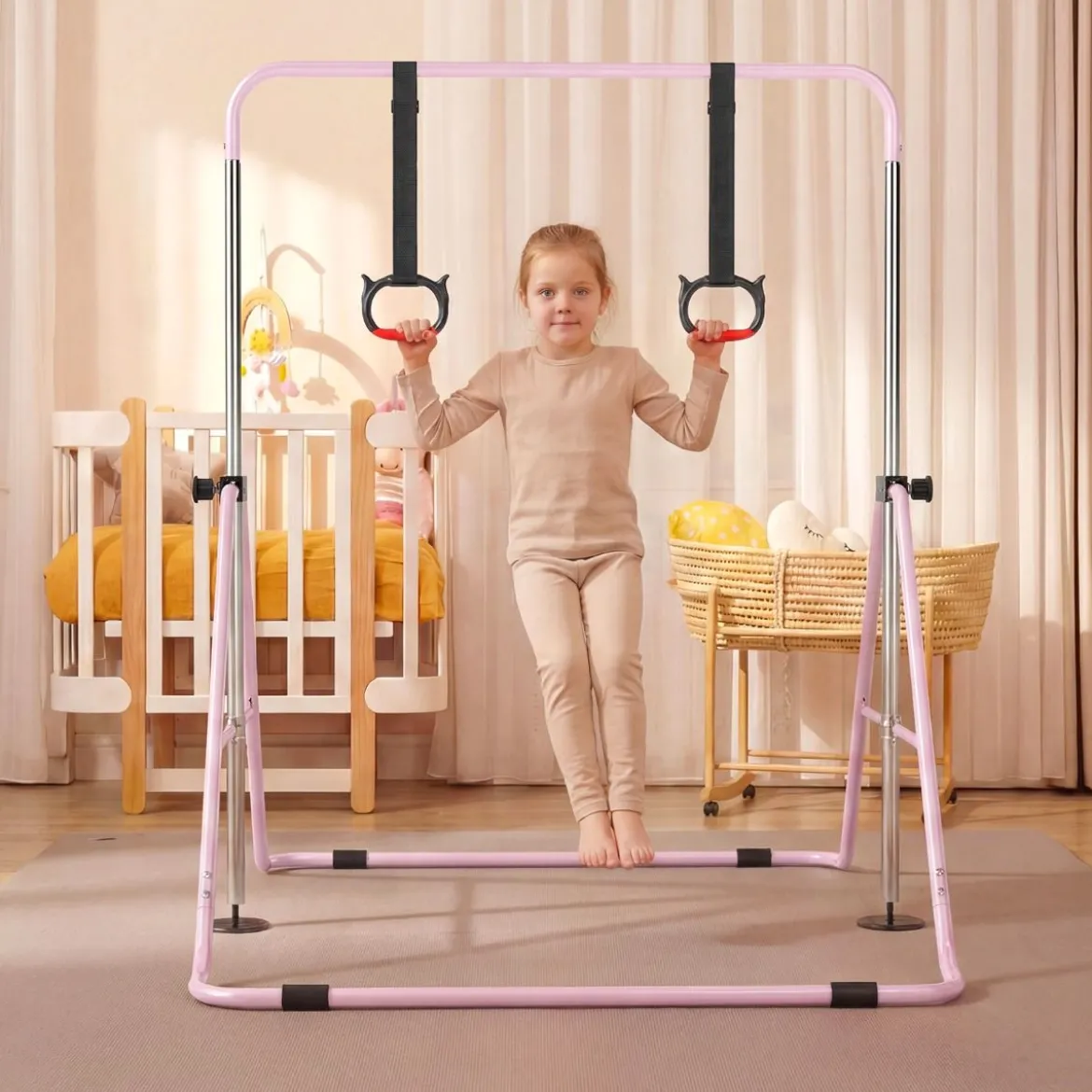 Ausziehbare Turnstange für Kinder 4-fach höhenverstellbare Reckstange mit stabilem Metallrahmen Rosa