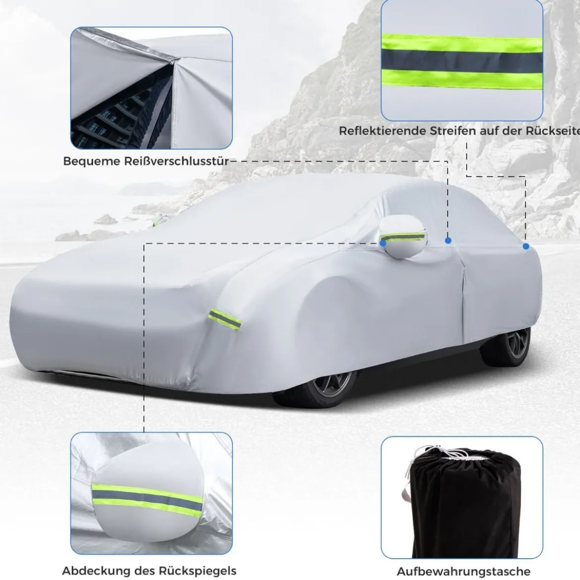 Auto Abdeckplane mit Reißverschluss & Tasche Wetterfeste Autoabdeckung 479 x 173 x 115 cm Silber
