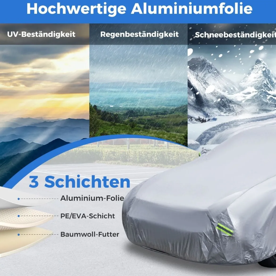 Auto Abdeckplane mit Reißverschluss & Tasche Wetterfeste Autoabdeckung 479 x 173 x 115 cm Silber