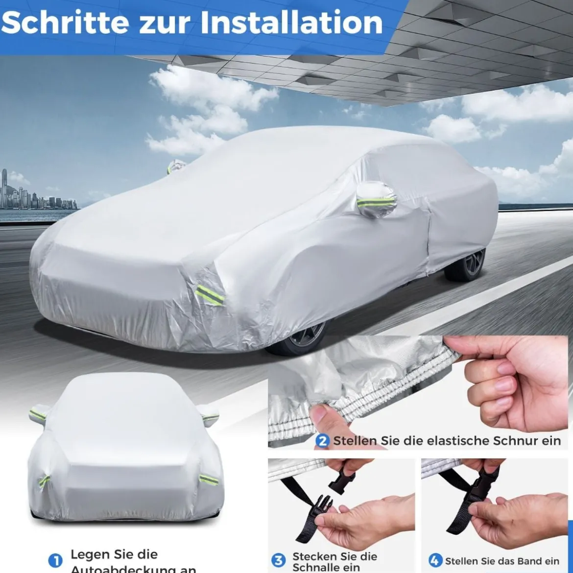 Auto Abdeckplane mit Reißverschluss & Tasche Wetterfeste Autoabdeckung 479 x 173 x 115 cm Silber