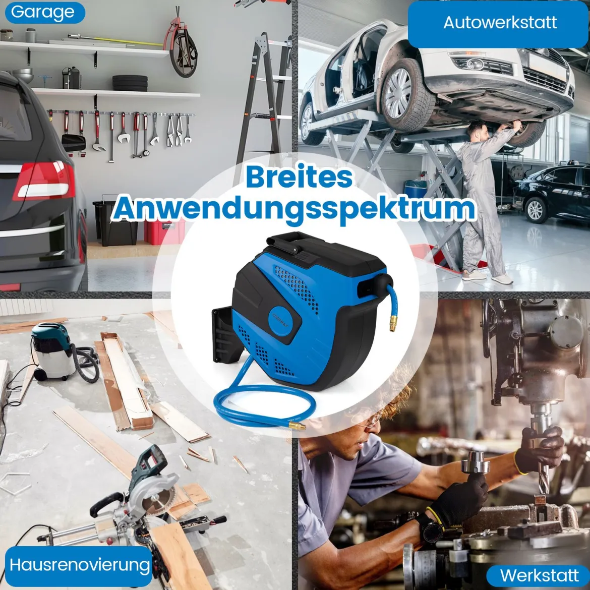 Automatische Druckluftschlauch-Aufrollvorrichtung mit 15 m Anschluss Schlauch Wandmontage-Kit