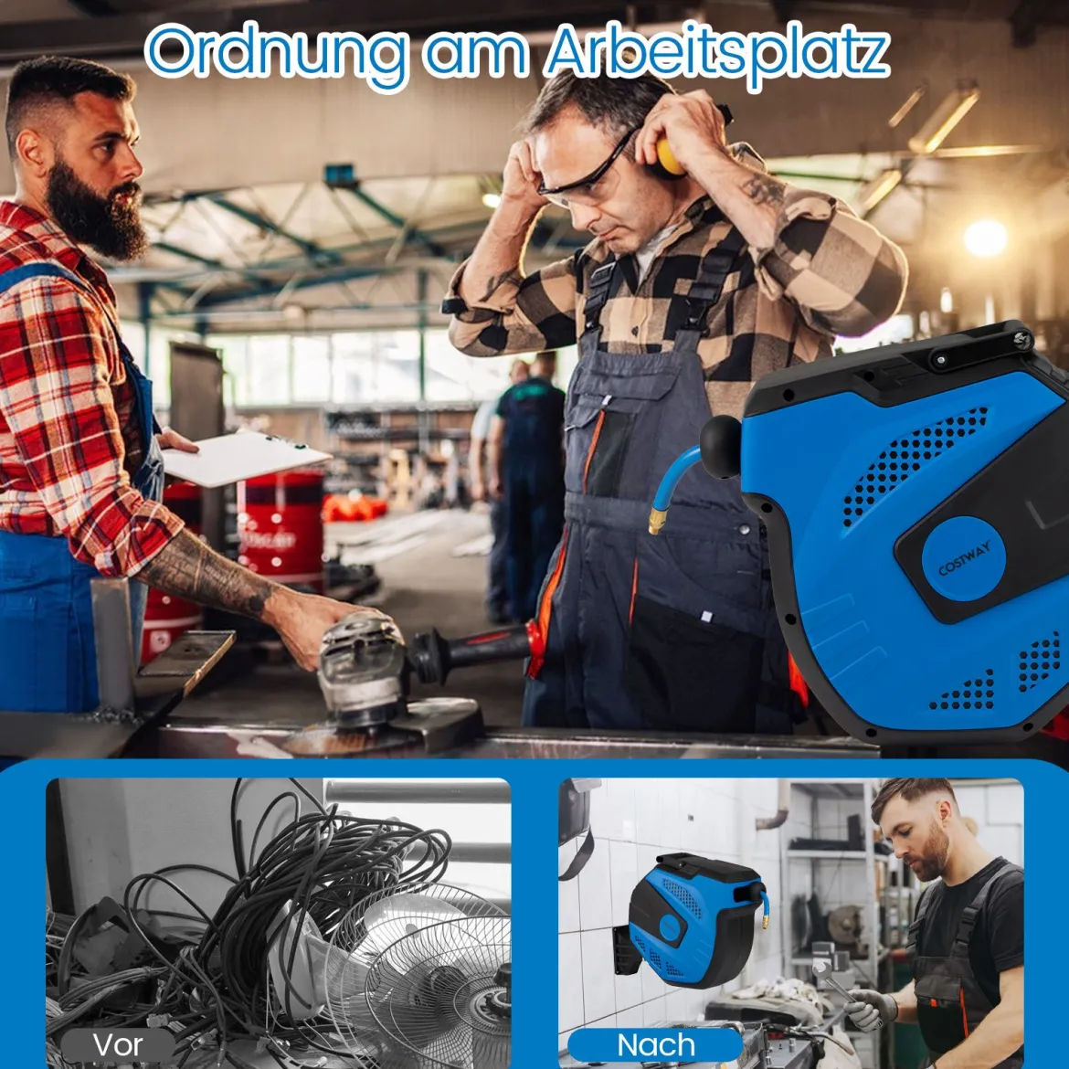 Automatische Druckluftschlauch-Aufrollvorrichtung mit 15 m Anschluss Schlauch Wandmontage-Kit