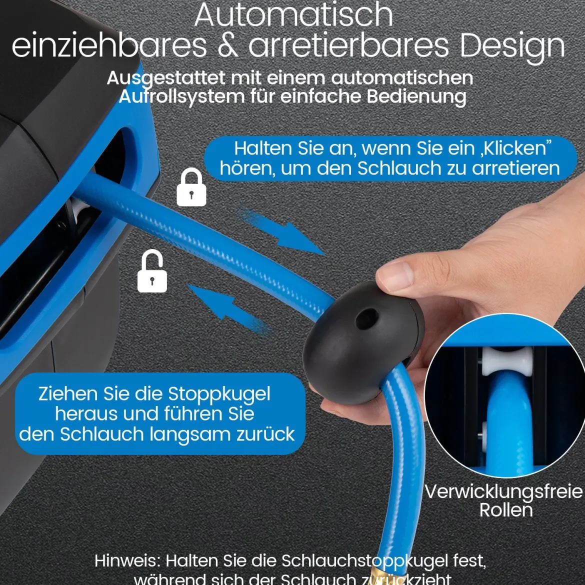 Automatische Druckluftschlauch-Aufrollvorrichtung mit 15 m Anschluss Schlauch Wandmontage-Kit