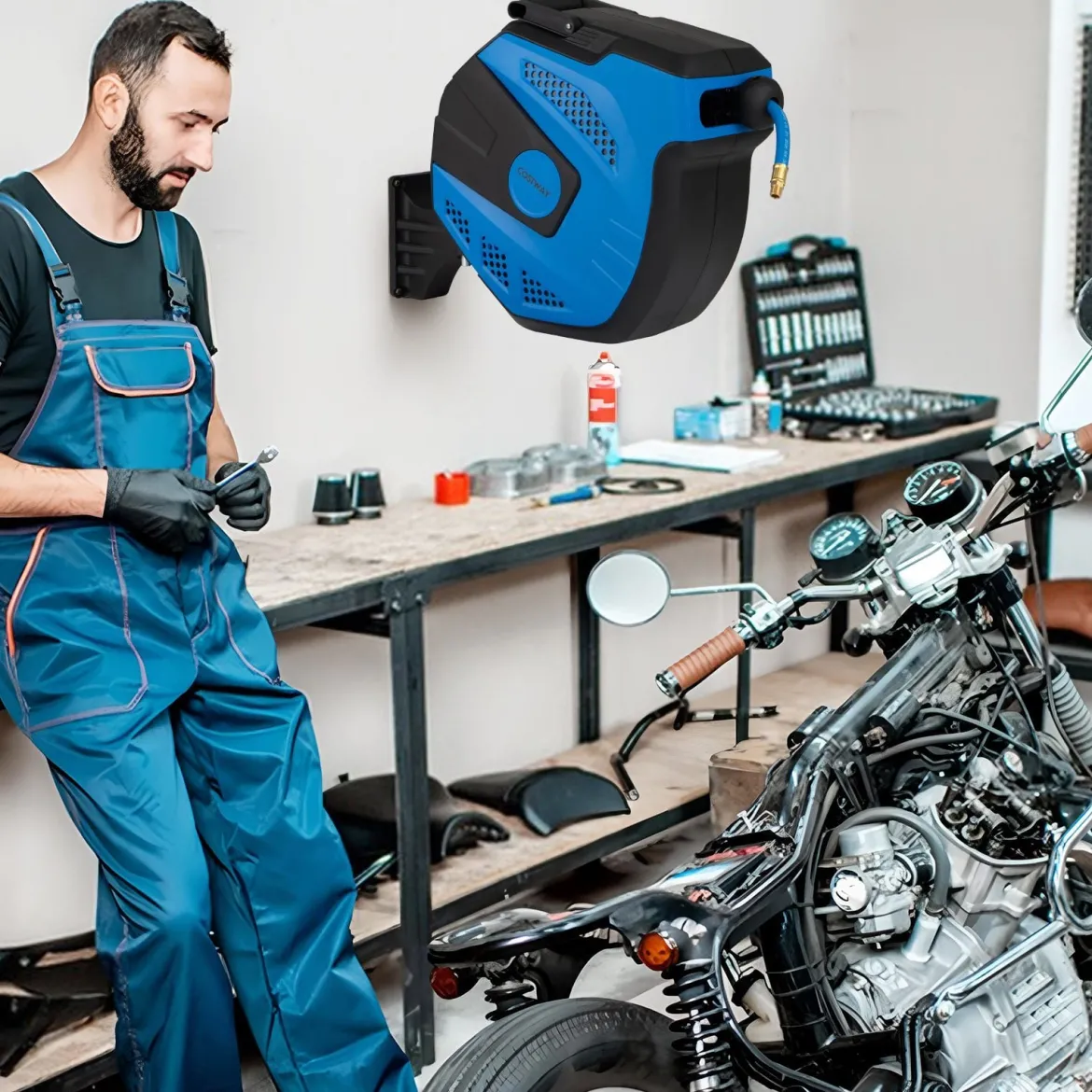 Automatische Druckluftschlauch-Aufrollvorrichtung mit 15 m Anschluss Schlauch Wandmontage-Kit