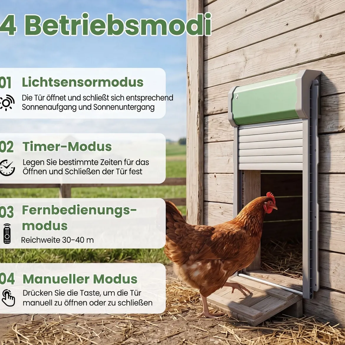 Automatisch Hühnerklappe Solar Hühnertür 4 Modi mit Timer Lichtsensor & Fernbedienung