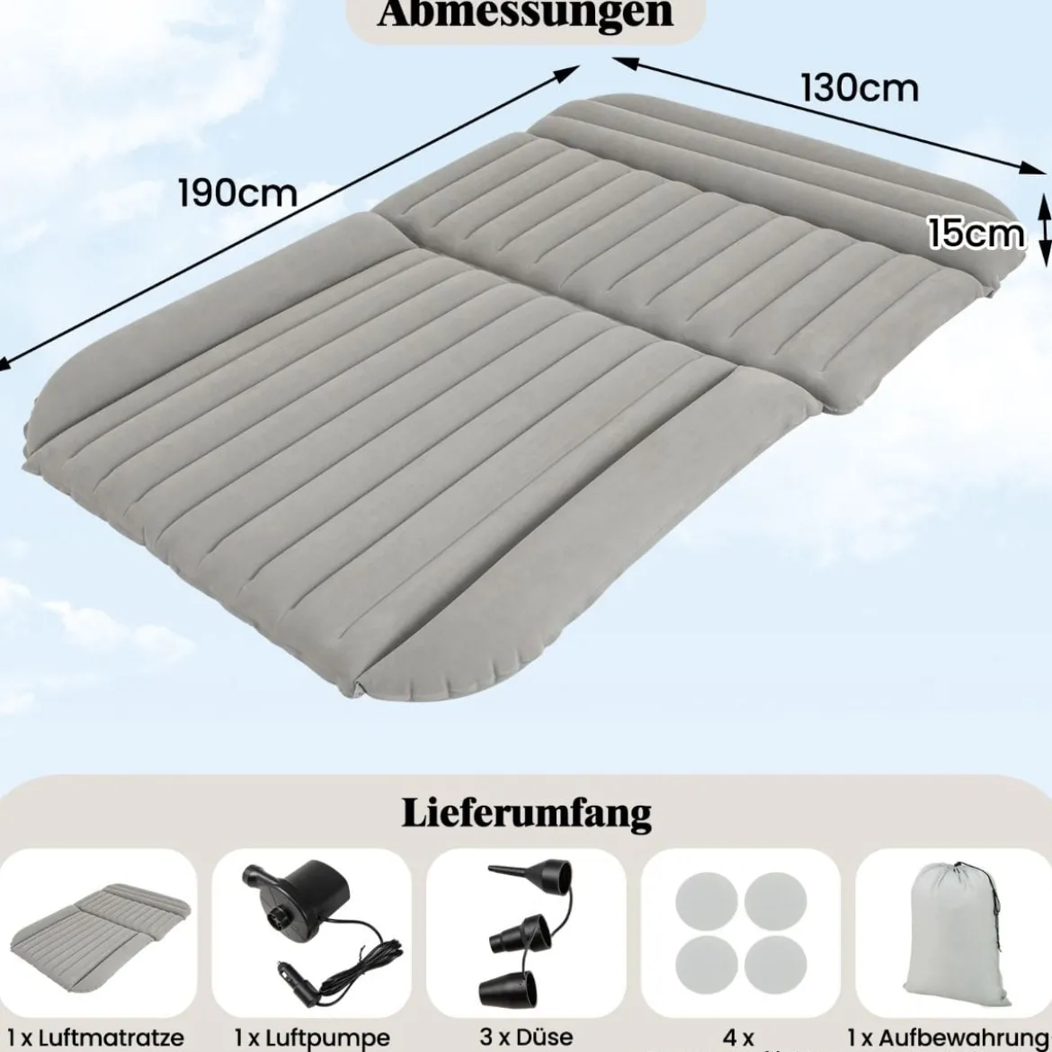 Auto Matratze 190 x 130 cm SUV Luftmatratze doppelseitig aufblasbares Luftbett mit Luftpumpe Grau