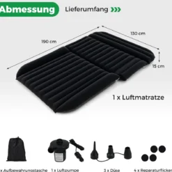 Auto Matratze 190 x 130 cm SUV Luftmatratze doppelseitig aufblasbares Luftbett mit Luftpumpe & Tragetasch Schwarz