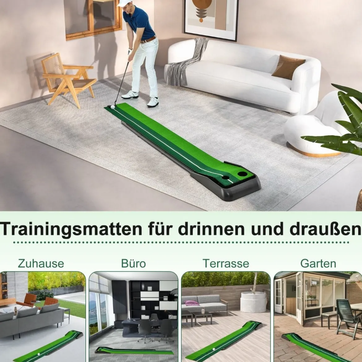 Auto Rückkehr Puttingmatte mit 2 Löchern automatischer Ballrücklaufbahn & Ausrichtungslinien Grün