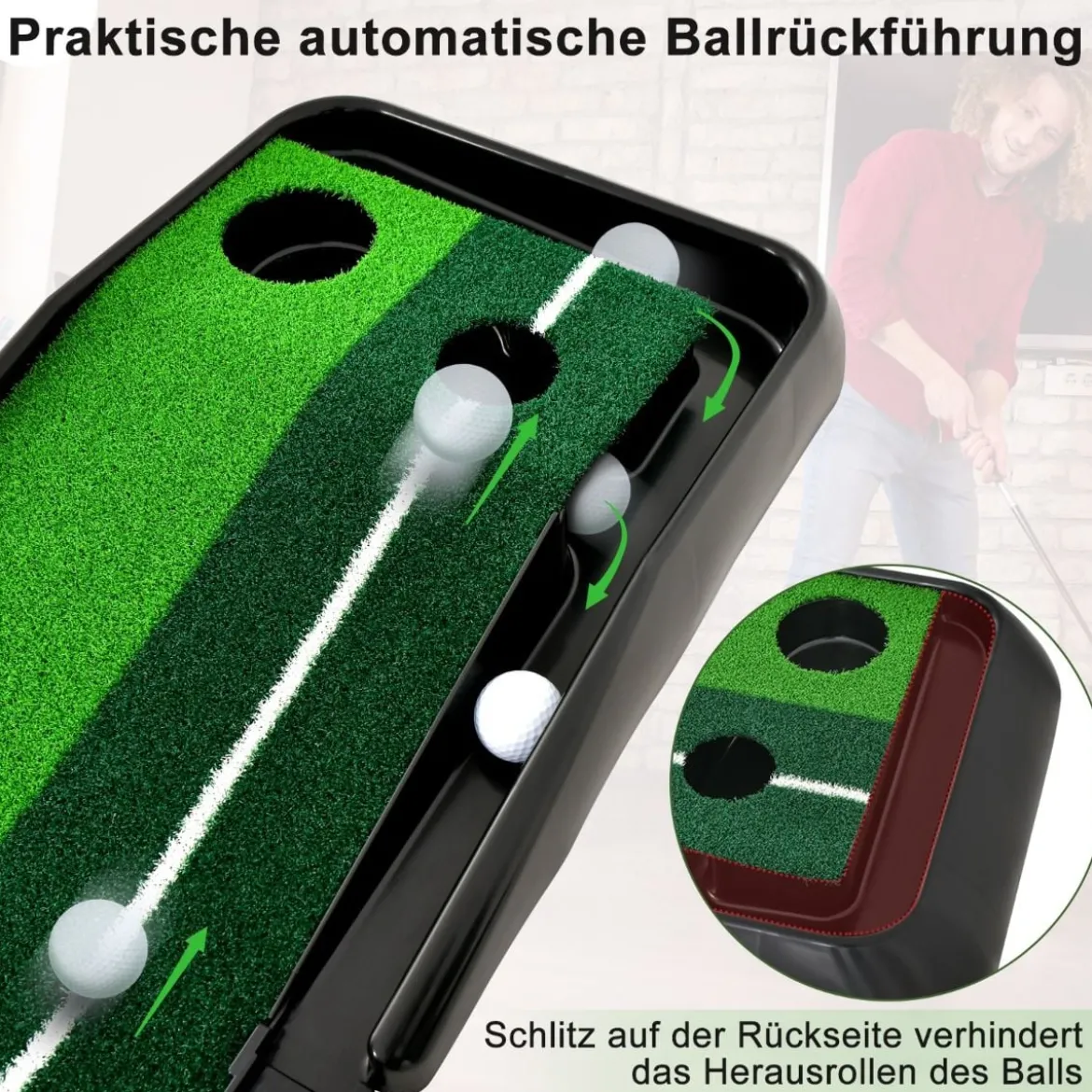 Auto Rückkehr Puttingmatte mit 2 Löchern automatischer Ballrücklaufbahn & Ausrichtungslinien Grün