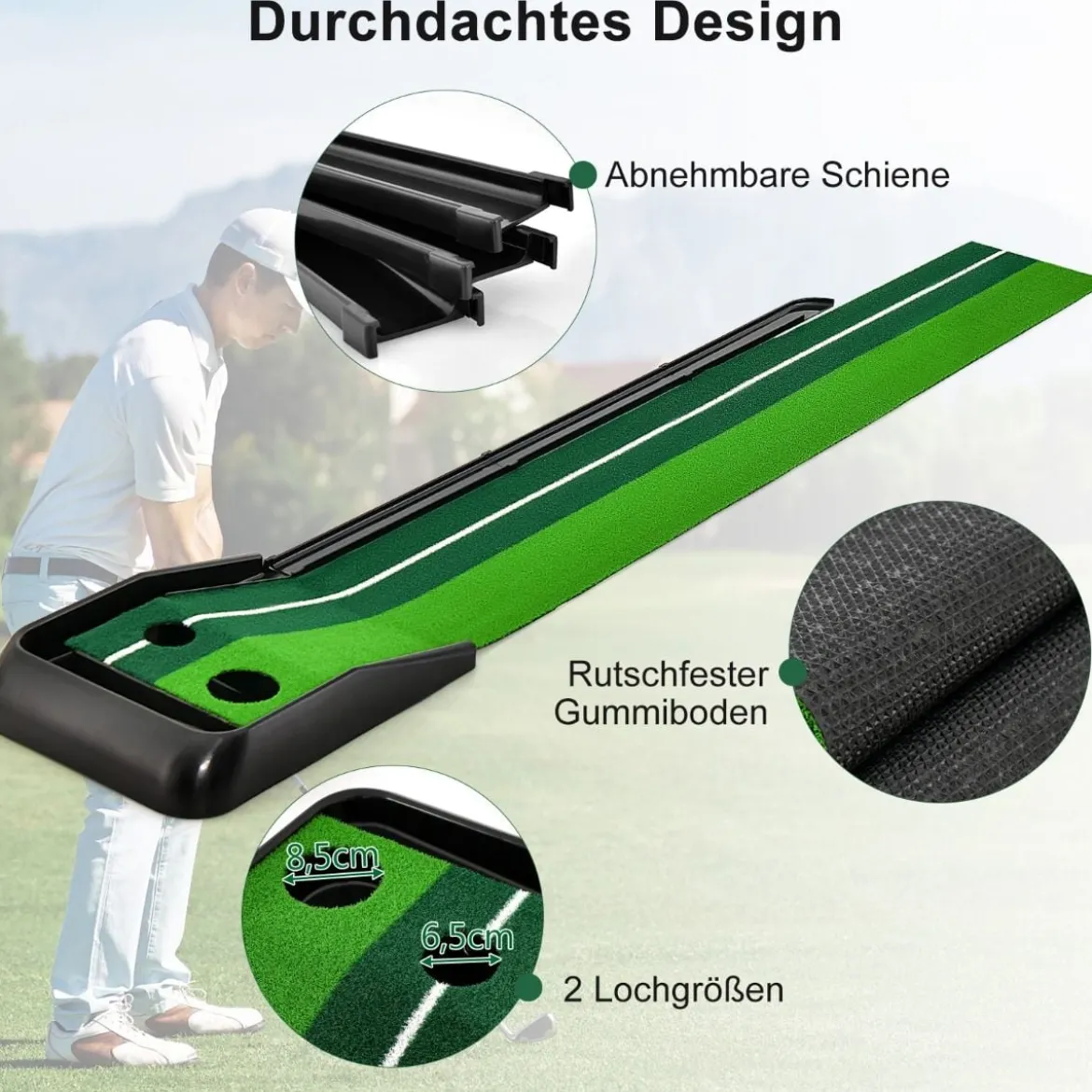 Auto Rückkehr Puttingmatte mit 2 Löchern automatischer Ballrücklaufbahn & Ausrichtungslinien Grün