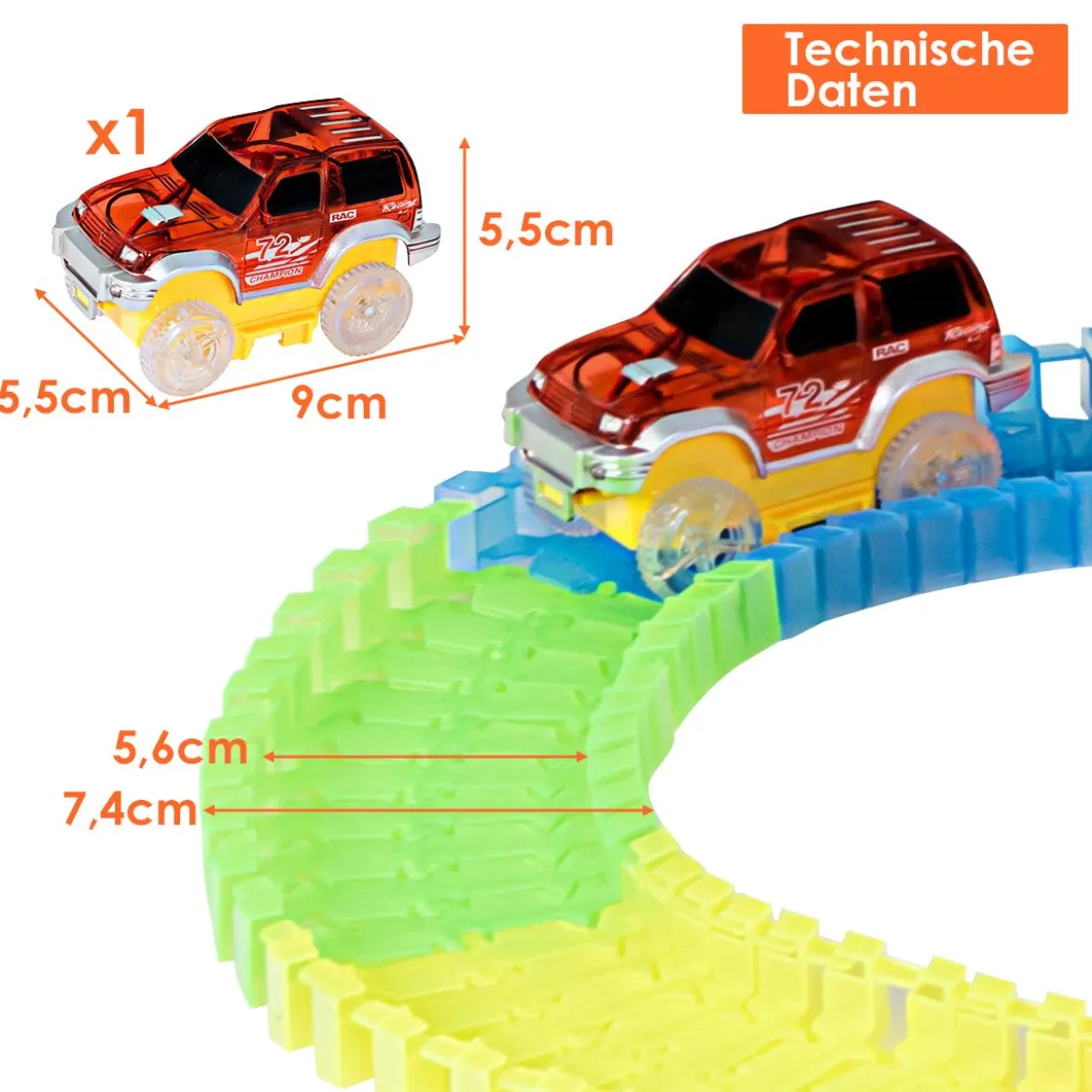 Autorennbahn Leuchtendes Rennbahn Set mit 366 Stk. Gleisblöcke Racetrack Spielset Bunt