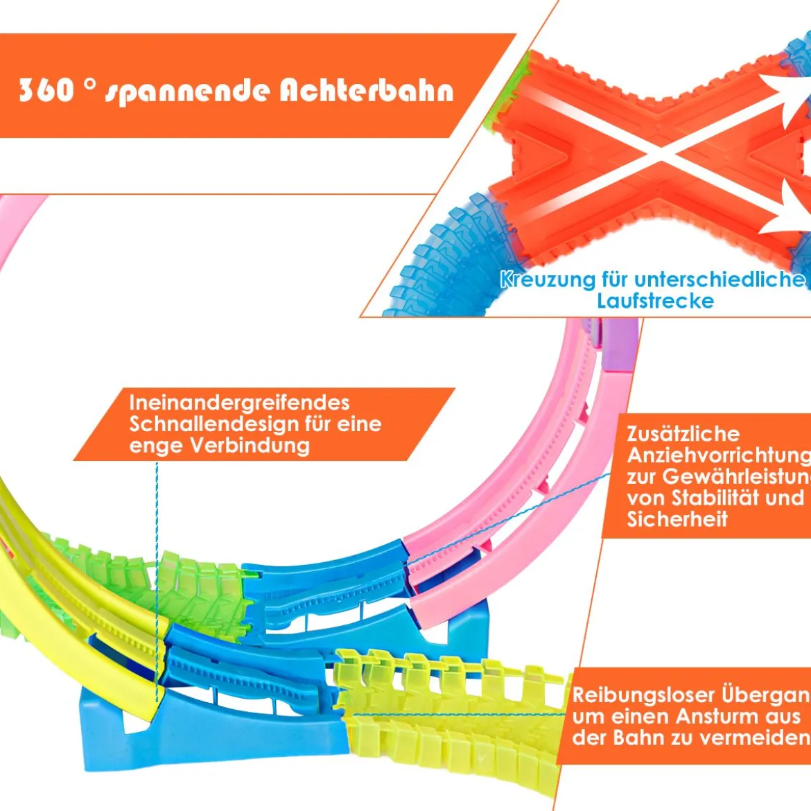 Autorennbahn Leuchtendes Rennbahn Set mit 366 Stk. Gleisblöcke Racetrack Spielset Bunt
