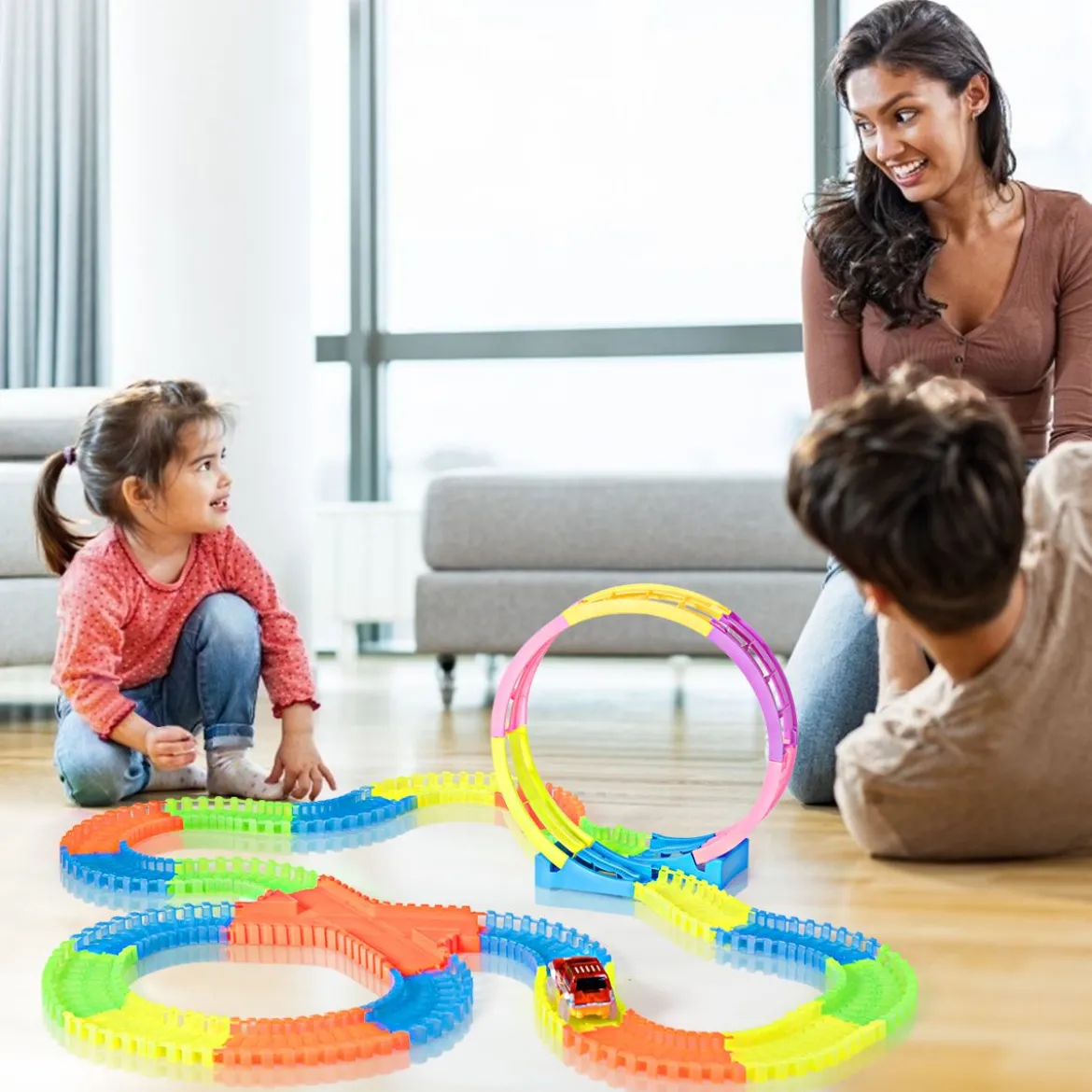 Autorennbahn Leuchtendes Rennbahn Set mit 366 Stk. Gleisblöcke Racetrack Spielset Bunt