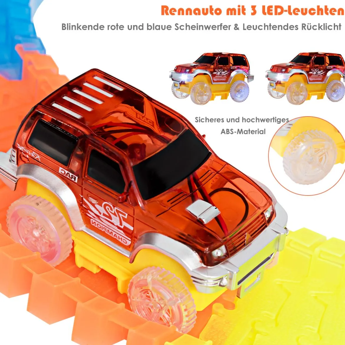 Autorennbahn Leuchtendes Rennbahn Set mit 366 Stk. Gleisblöcke Racetrack Spielset Bunt