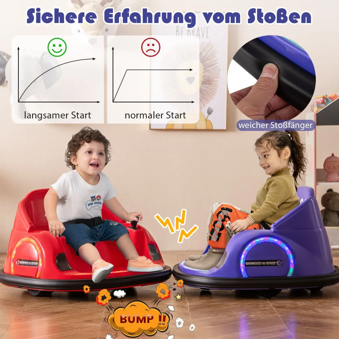 Autoscooter für Kinder elektrisches Bumper Car mit blinkenden LED-Lichtern Blau/Rot/Lil/Rosa