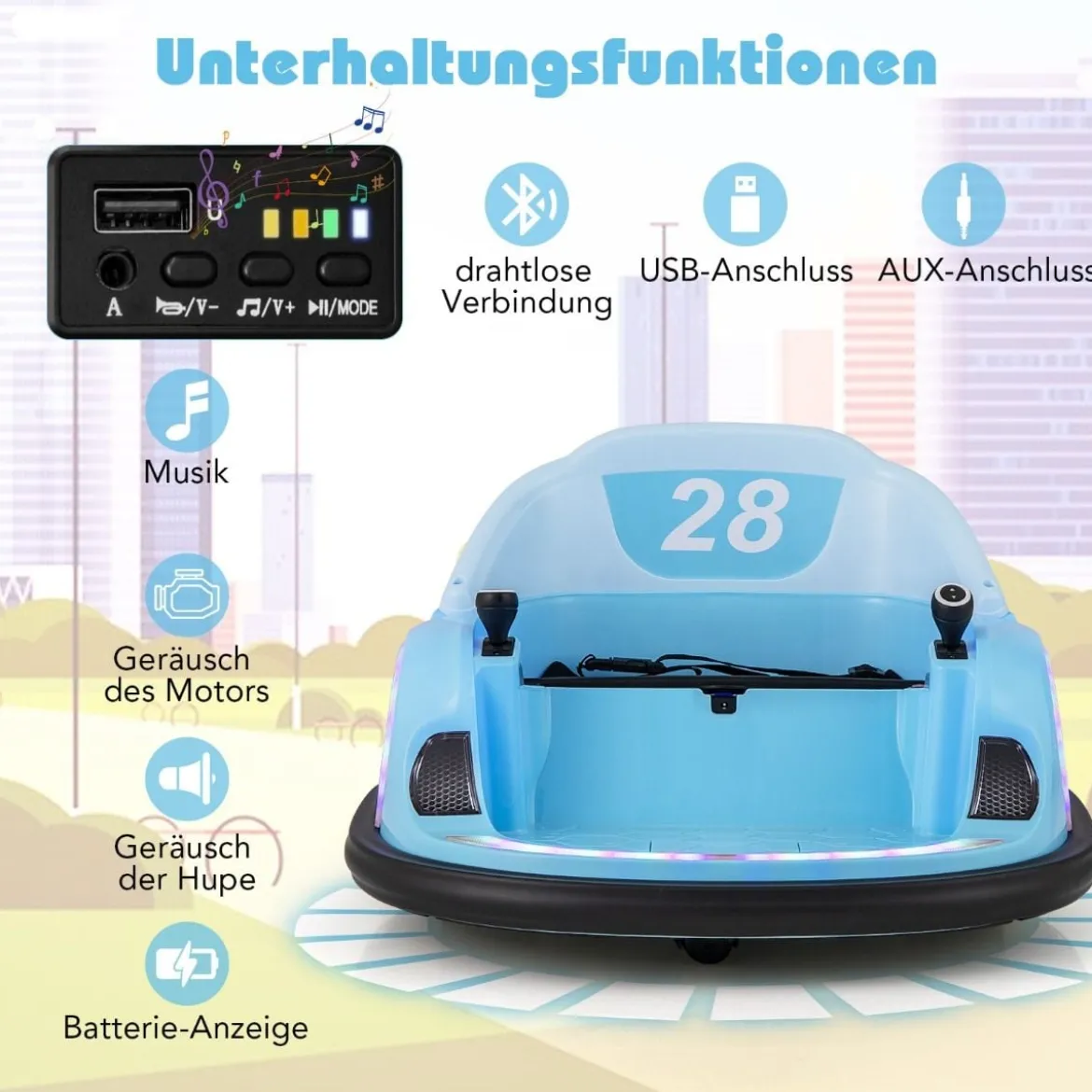 Autoscooter für Kinder elektrisches Bumper Car mit blinkenden LED-Lichtern Blau/Rot/Lil/Rosa