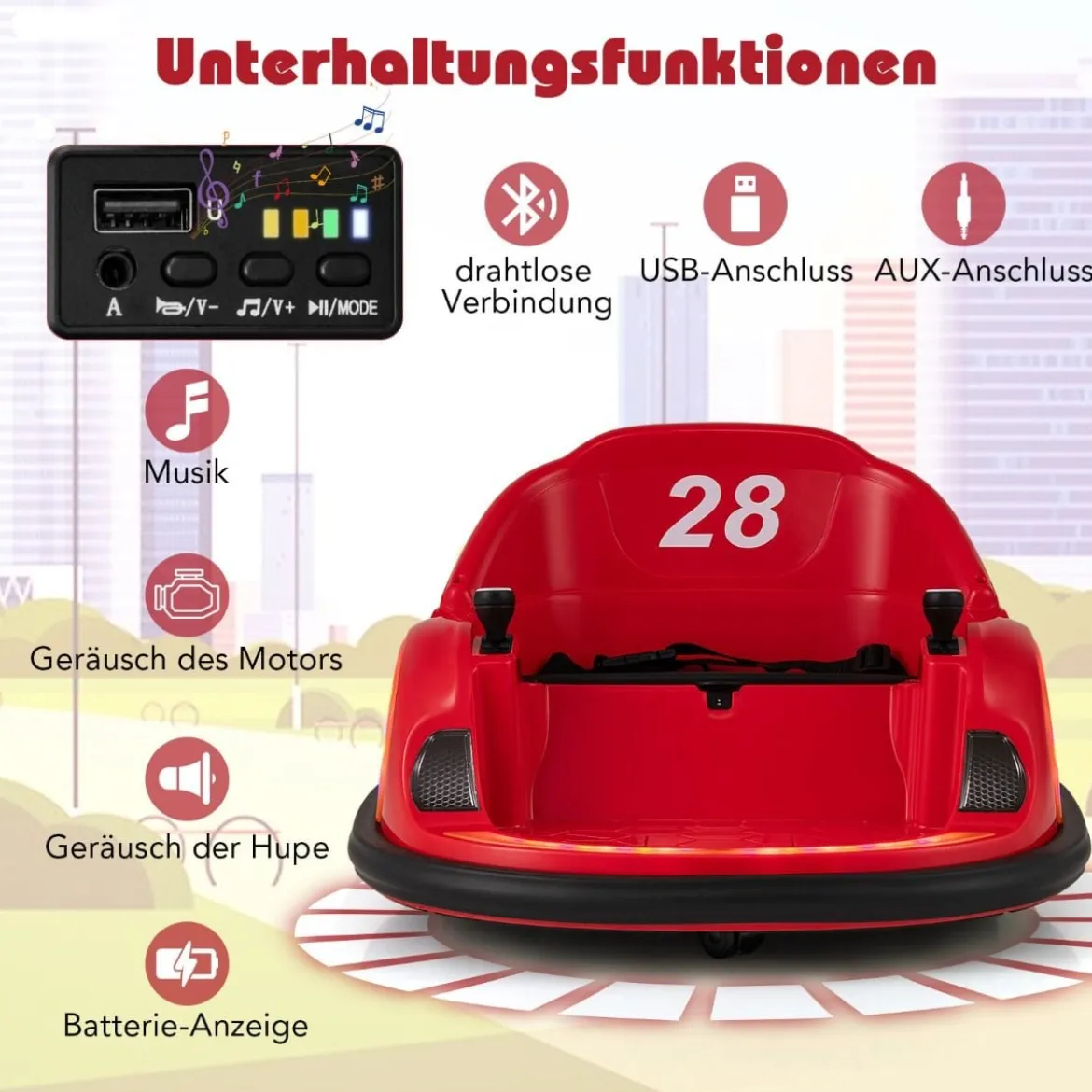 Autoscooter für Kinder elektrisches Bumper Car mit blinkenden LED-Lichtern Blau/Rot/Lil/Rosa
