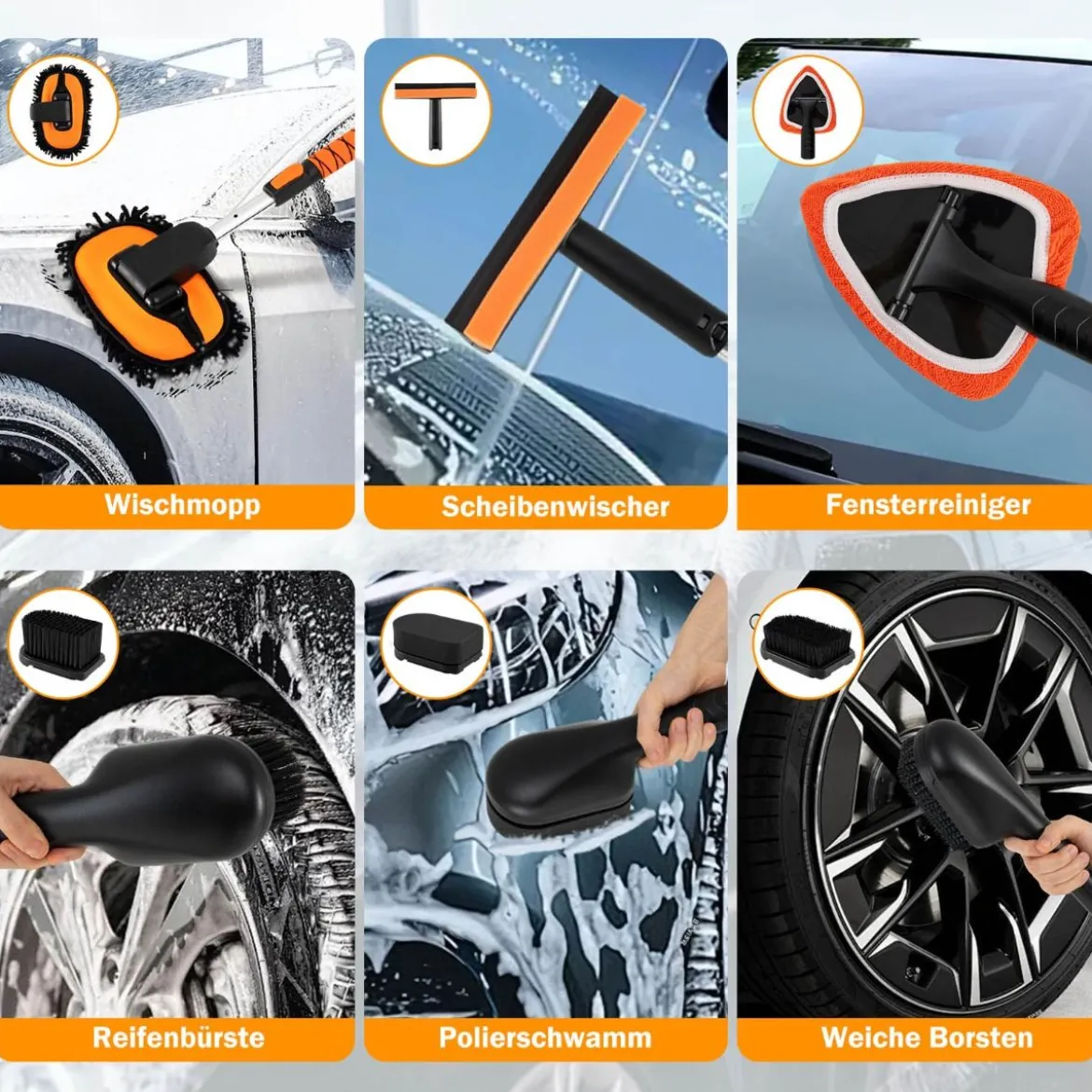 Autowaschbürste mit Teleskopgriff Kratzfreies Autowasch-Set mit D-Griff & Reifenbürsten