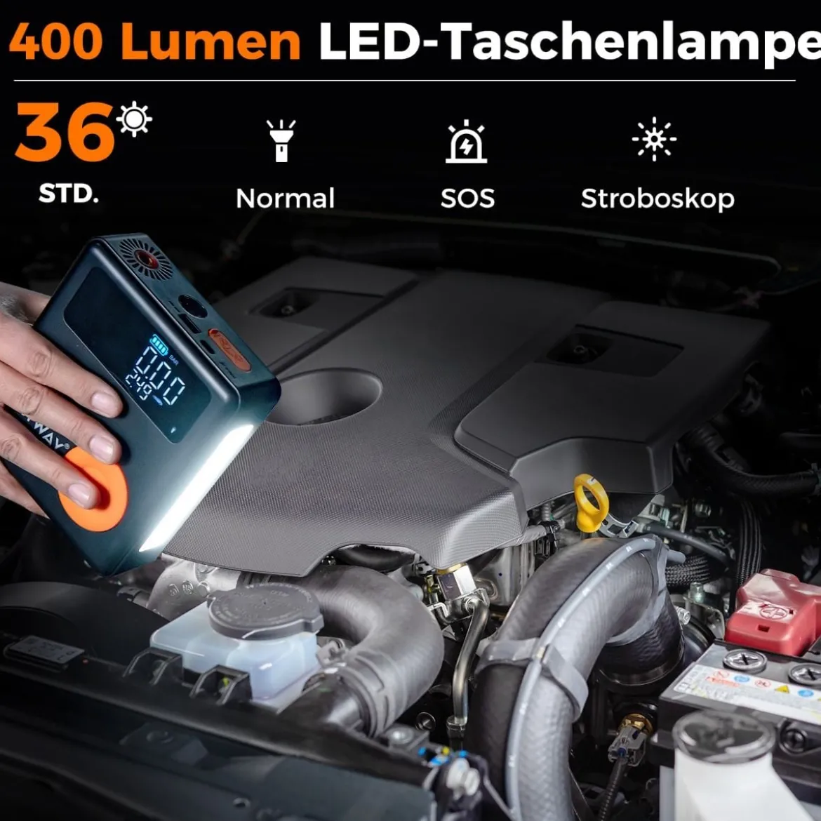2000A 12V Autobatterie Starthilfe mit 150PSI Digital Reifenfüller & Luftkompressor & LED-Bildschirm 13000mAh Powerbank