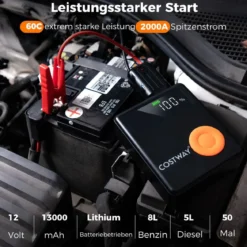 2000A 12V Autobatterie Starthilfe mit 150PSI Digital Reifenfüller & Luftkompressor & LED-Bildschirm 13000mAh Powerbank