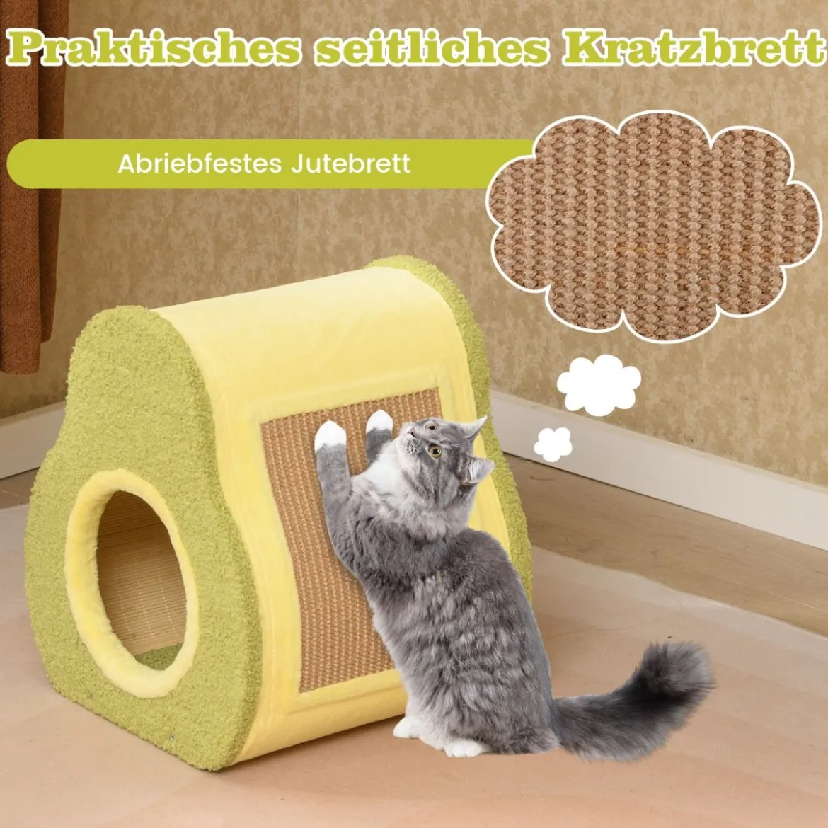 Avocado-förmiges Katzenhaus mit Jutekratzbrett & Bergförmigem Dach Niedliches Katzenunterkunft