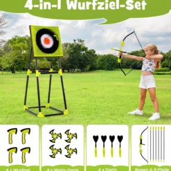 Axt Wurfspiel Set 4 in 1 Wurfäxte Spiel mit Bogen Zielscheibe 6 Pfeilen & 4 Äxten Grün