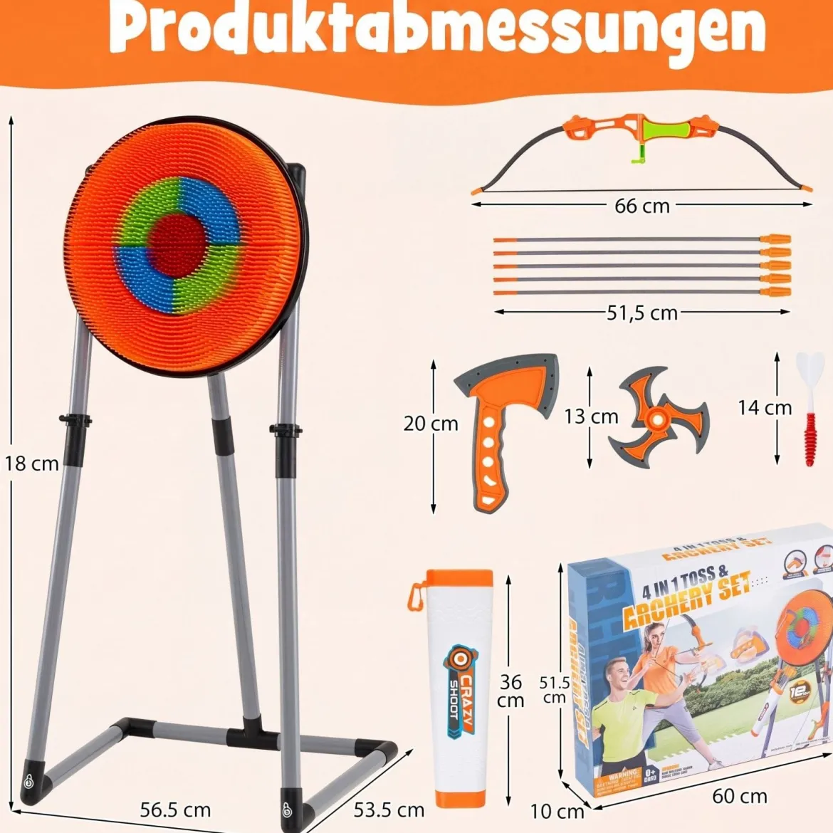 Axt Wurfspiel Set 4 in 1 Wurfäxte Spiel mit Bogen Zielscheibe 5 Pfeilen & 3 Äxten Orange