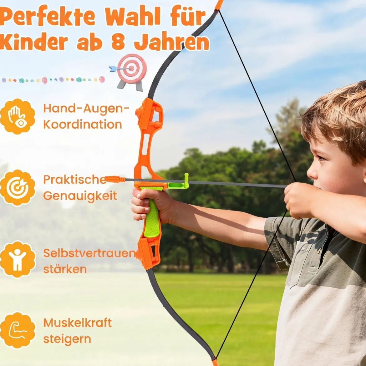 Axt Wurfspiel Set 4 in 1 Wurfäxte Spiel mit Bogen Zielscheibe 5 Pfeilen & 3 Äxten Orange