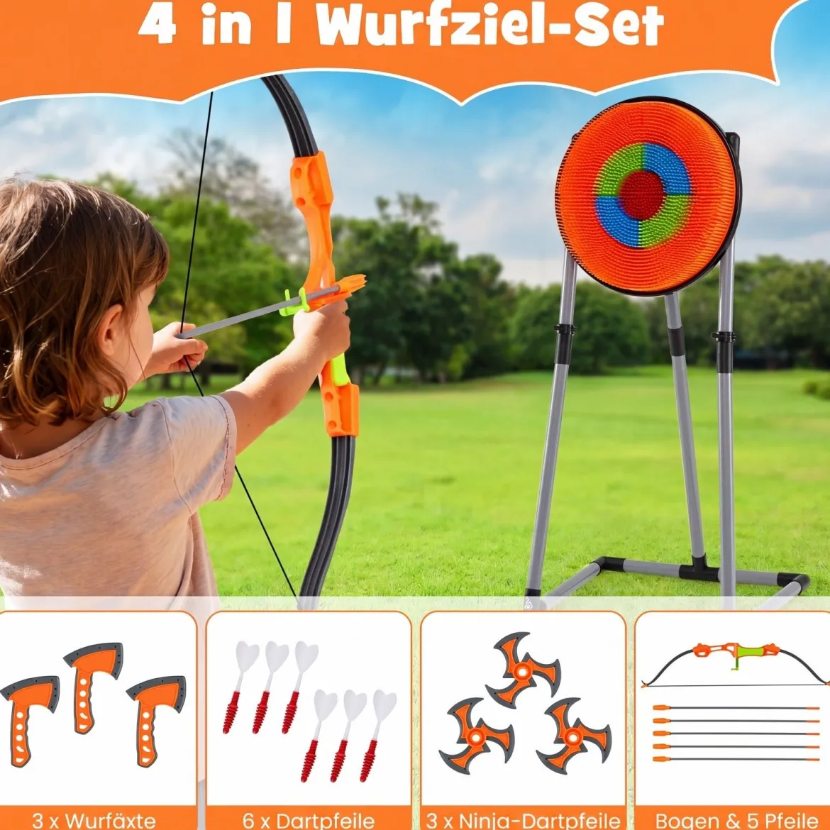 Axt Wurfspiel Set 4 in 1 Wurfäxte Spiel mit Bogen Zielscheibe 5 Pfeilen & 3 Äxten Orange