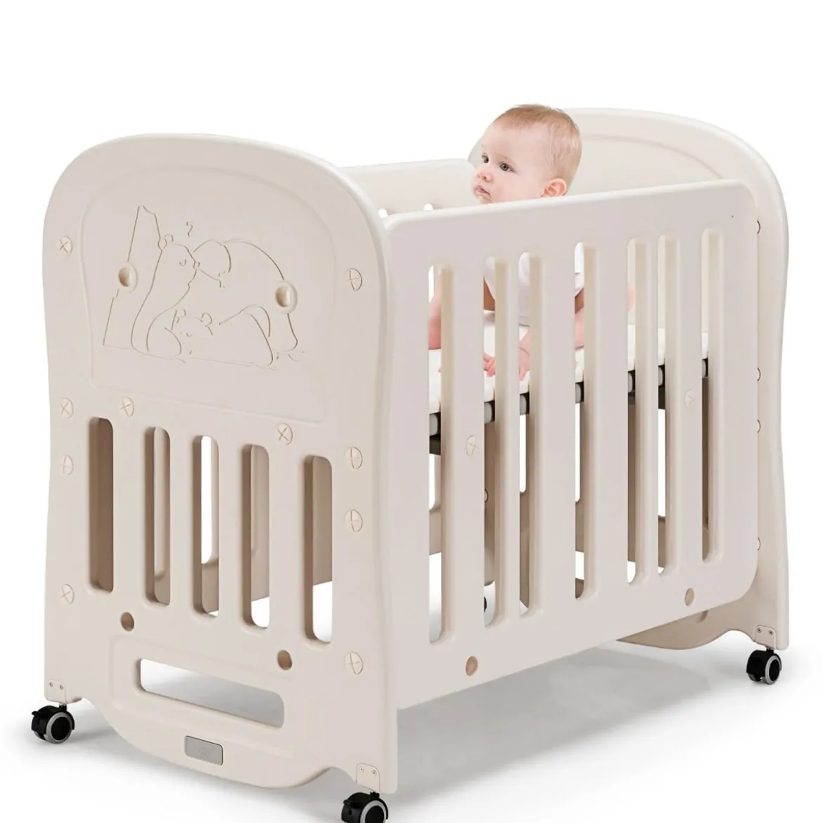Babybett Babywiege mit Schaukelfunktion 2 Ebenen Reisebett auf Rollen bis 25kg Belastbar Beige