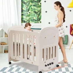 Babybett Babywiege mit Schaukelfunktion 2 Ebenen Reisebett auf Rollen bis 25kg Belastbar Beige