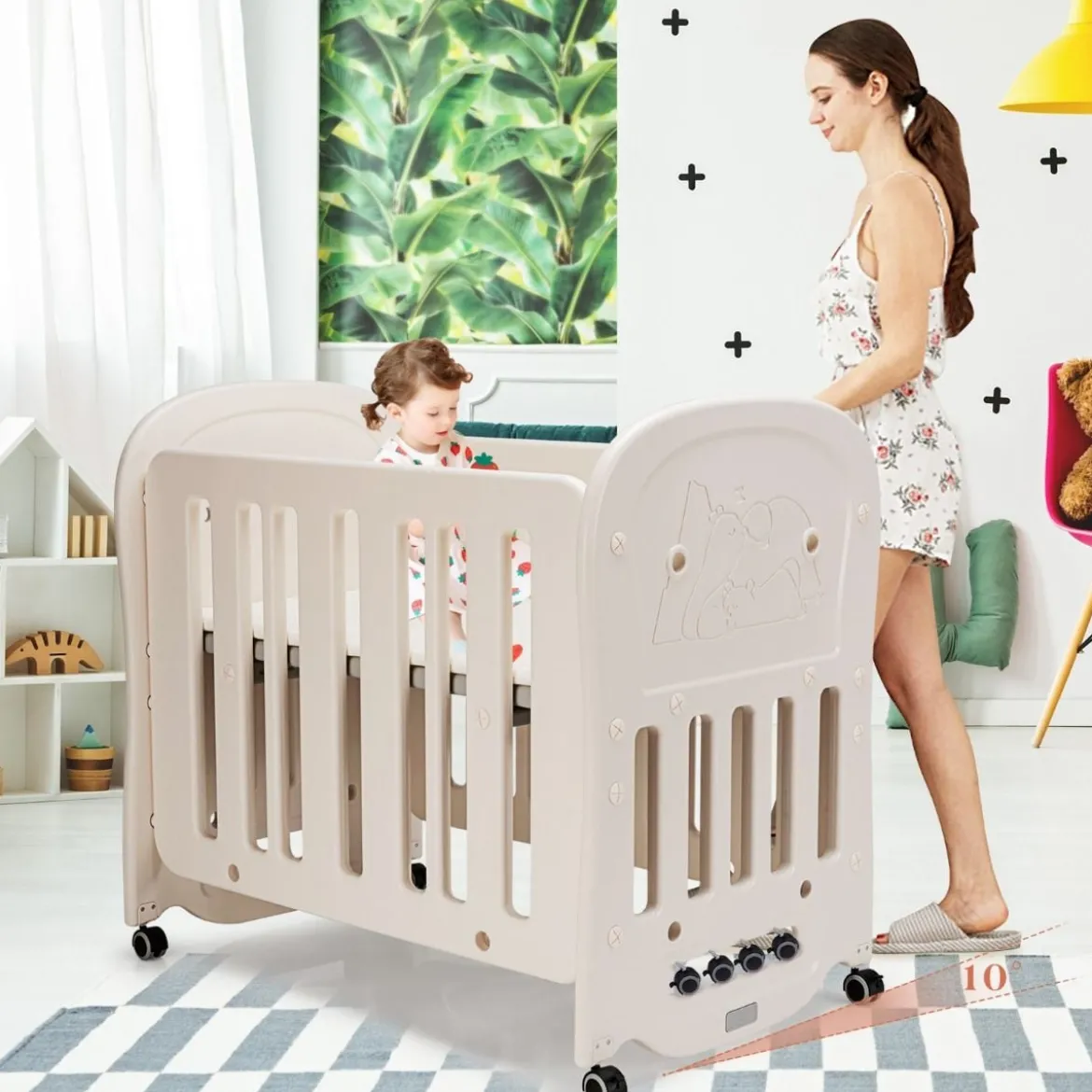 Babybett Babywiege mit Schaukelfunktion 2 Ebenen Reisebett auf Rollen bis 25kg Belastbar Beige
