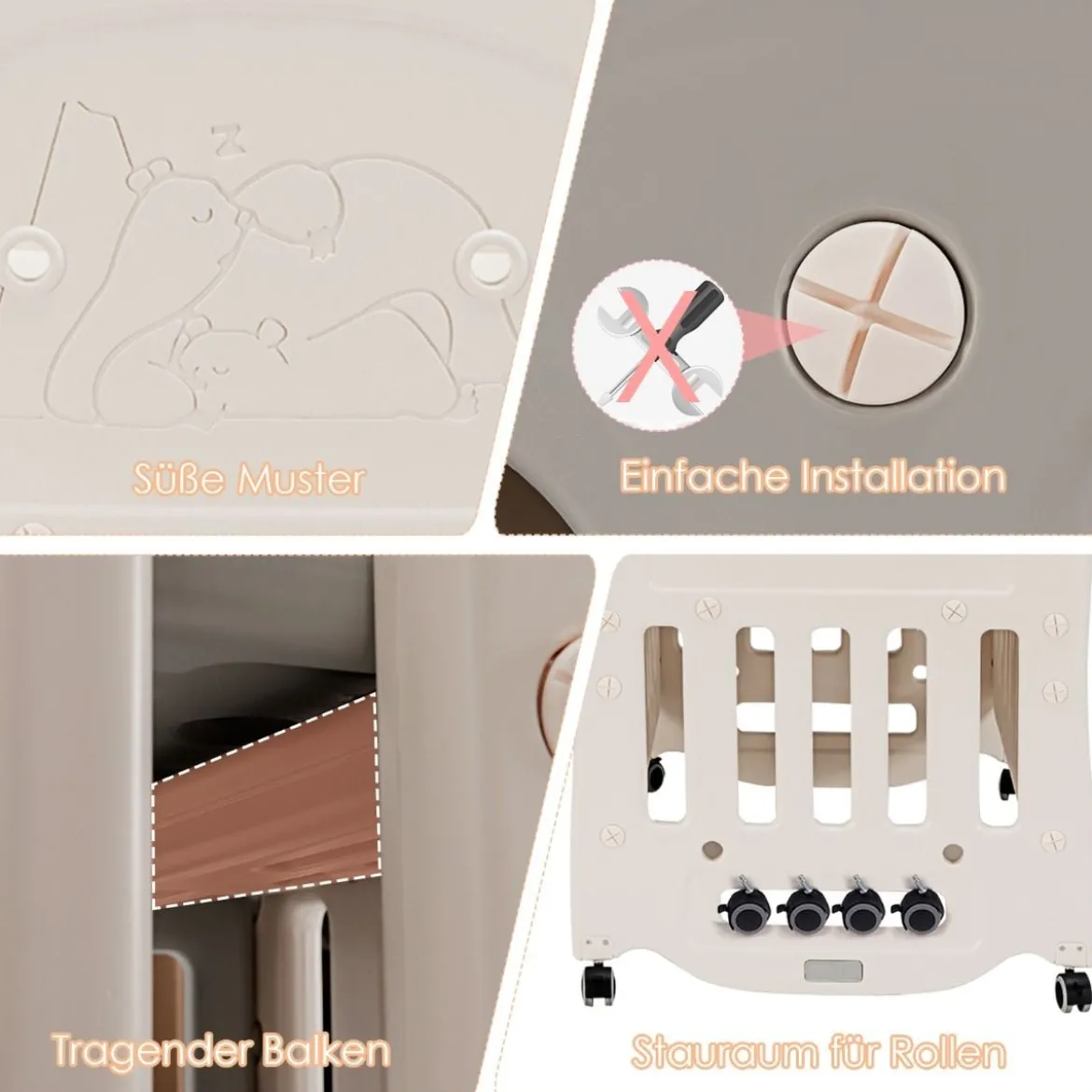 Babybett Babywiege mit Schaukelfunktion 2 Ebenen Reisebett auf Rollen bis 25kg Belastbar Beige