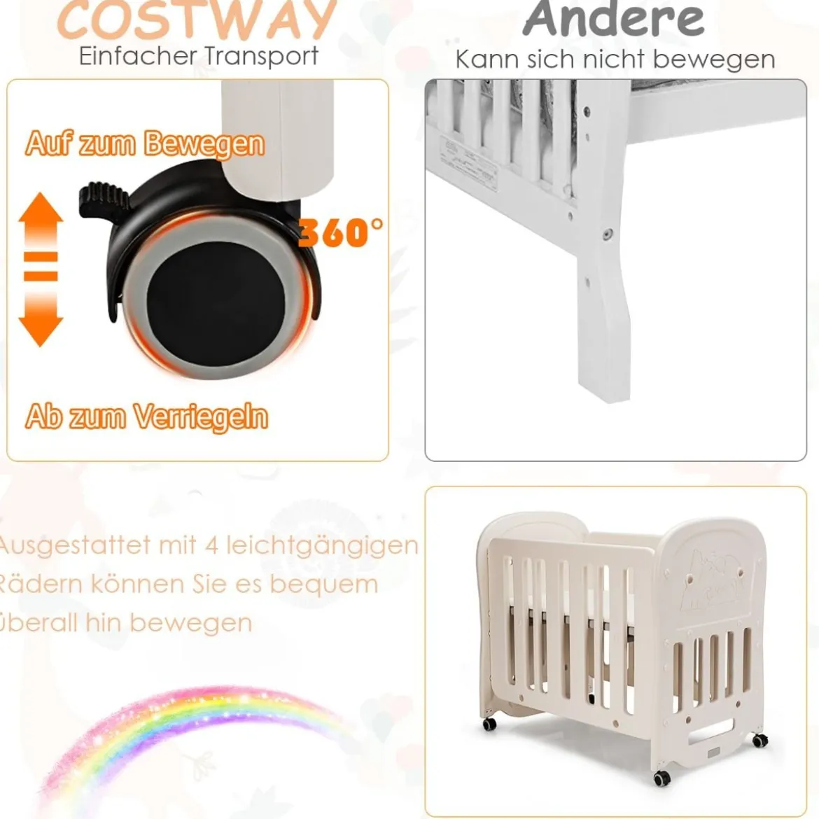 Babybett Babywiege mit Schaukelfunktion 2 Ebenen Reisebett auf Rollen bis 25kg Belastbar Beige
