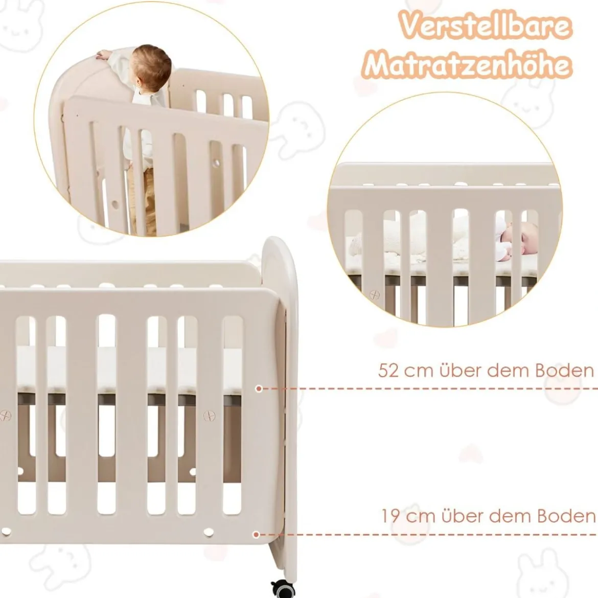 Babybett Babywiege mit Schaukelfunktion 2 Ebenen Reisebett auf Rollen bis 25kg Belastbar Beige